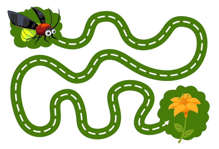Vector juego educativo para niños, práctica de escritura a mano, traza las líneas, ayuda a la linda luciérnaga de dibujos animados a moverse a la hoja de trabajo de error imprimible de flores.