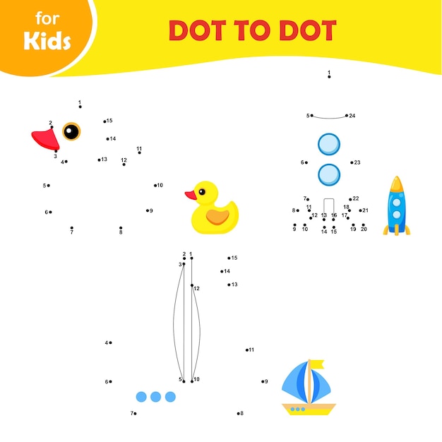 Juego educativo para niños Punto por punto Conjunto de tres elementos pato cohete barco