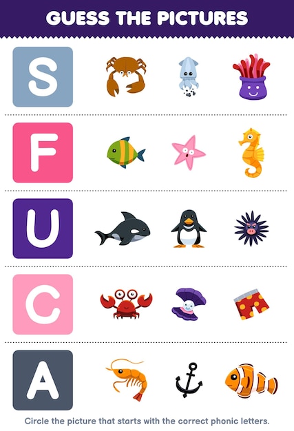 Juego educativo para niños que adivina la imagen correcta de la palabra fónica que comienza con la letra SFUC y una hoja de trabajo subacuática imprimible