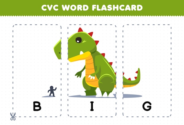 Juego educativo para niños que aprenden consonante vocal consonante palabra con dibujos animados lindo gran dinosaurio ilustración tarjeta flash imprimible