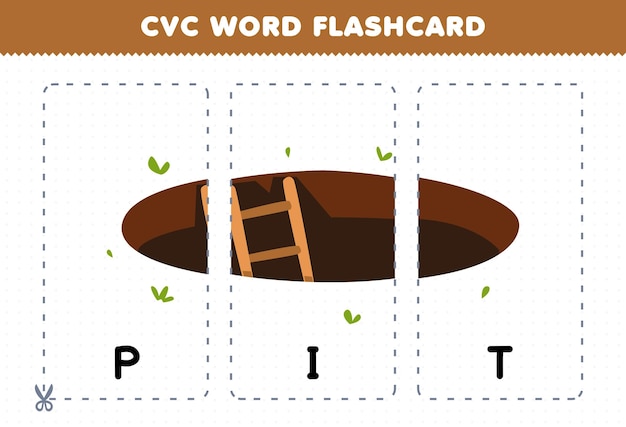 Juego educativo para niños que aprenden consonante vocal consonante palabra con dibujos animados lindo pit agujero ilustración tarjeta flash imprimible