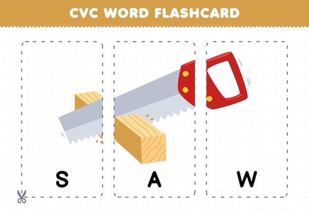 Juego educativo para niños que aprenden consonante vocal consonante palabra con dibujos animados lindo saw ilustración tarjeta flash imprimible