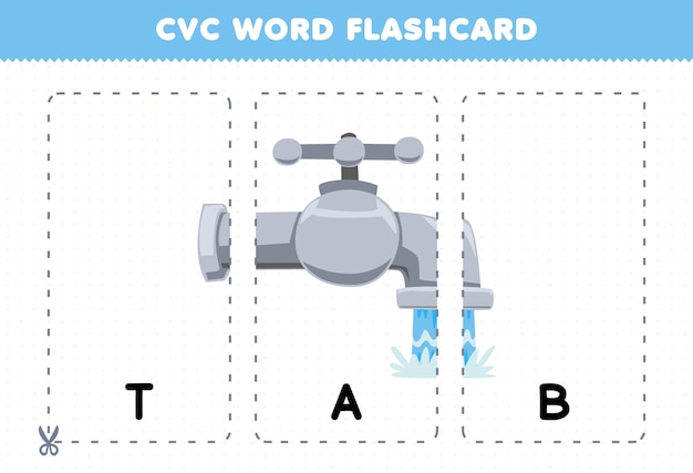 Juego educativo para niños que aprenden consonante vocal consonante palabra con linda caricatura TAB ilustración de agua tarjeta flash imprimible