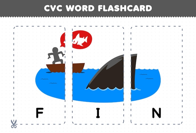 Juego educativo para niños que aprenden consonante vocal consonante palabra con lindo tiburón de dibujos animados fin ilustración tarjeta flash imprimible