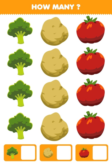 Juego educativo para niños que buscan y cuentan actividad para preescolar cuántas verduras de dibujos animados brócoli patata tomate