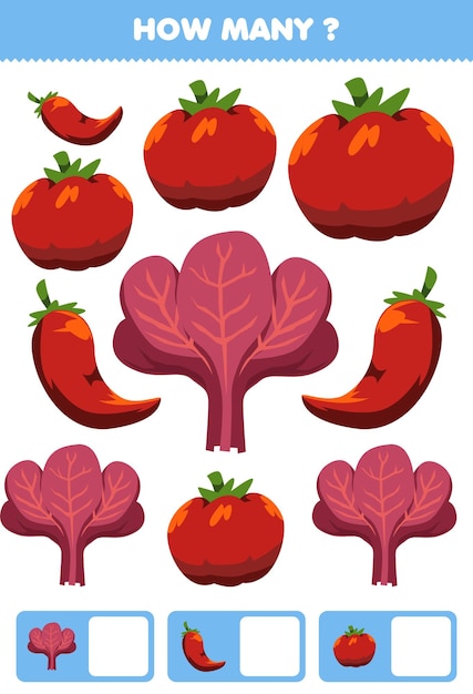 Juego educativo para niños que buscan y cuentan actividad para preescolar cuántas verduras de dibujos animados chile tomate espinaca roja