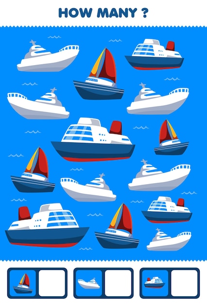 Juego educativo para niños que buscan y cuentan actividad para preescolar cuántos transporte acuático barco marítimo yate velero
