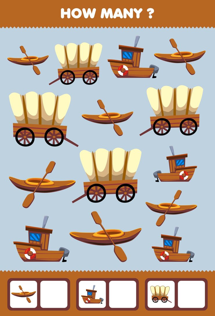 Vector juego educativo para niños que buscan y cuentan actividad para preescolar cuántos vagones de kayak de barco de transporte de madera