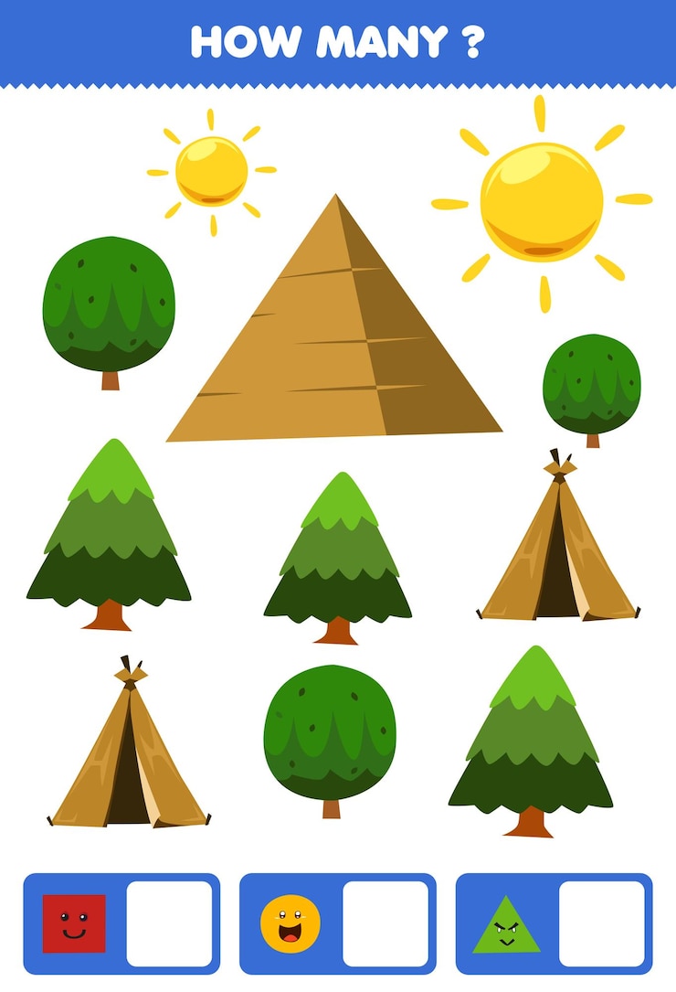 Vector juego educativo para niños que buscan y cuentan cuántos objetos como forma geométrica círculo cuadrado triángulo dibujos animados carpa pirámide árbol sol