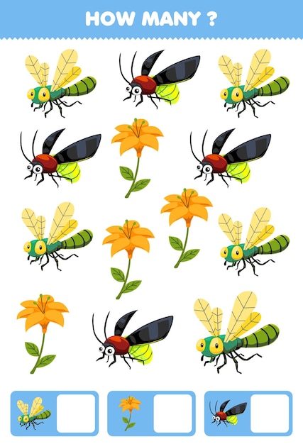 Juego educativo para niños que buscan y cuentan cuántos objetos de dibujos animados lindos libélula flor luciérnaga hoja de trabajo imprimible