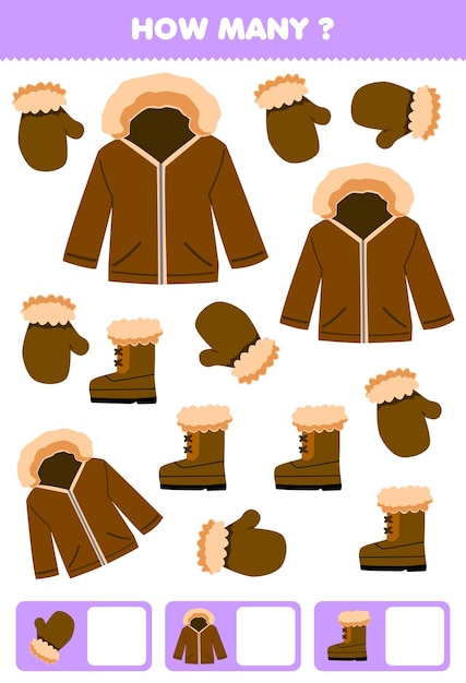 Juego educativo para niños que buscan y cuentan cuántos objetos de la hoja de trabajo de invierno imprimible de bota de chaqueta de manopla de dibujos animados lindo