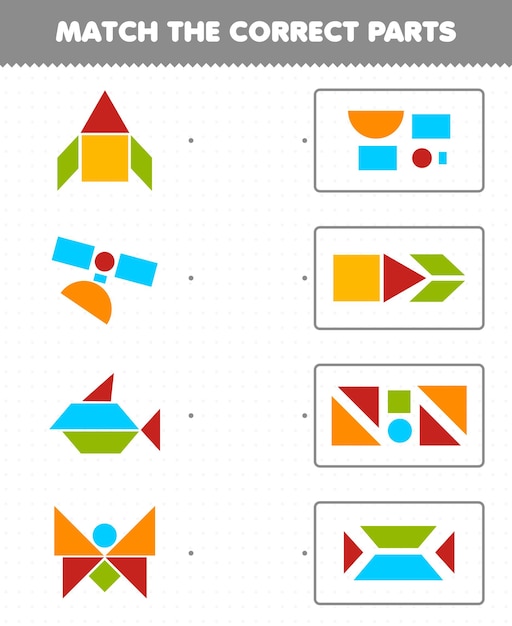 Juego educativo para niños que combina las partes correctas formas geométricas 7 círculo cuadrado triángulo trapezoide paralelogramo rectángulo hoja de trabajo imprimible