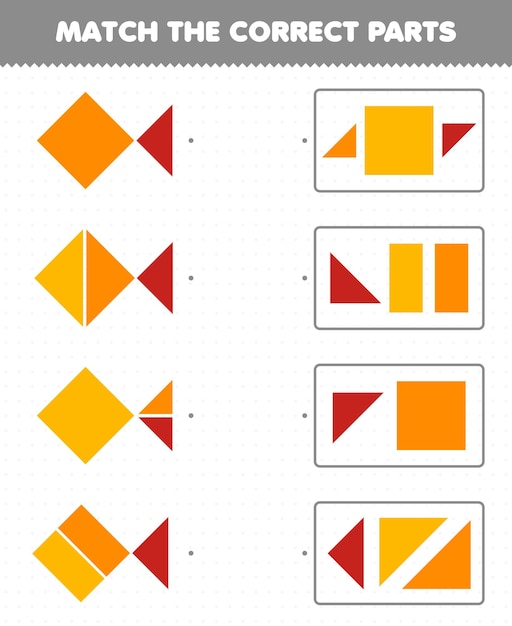 Juego educativo para niños que combina las partes correctas formas geométricas 8 hoja de trabajo imprimible triángulo cuadrado rectángulo