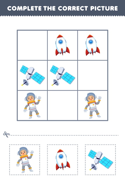 Juego educativo para niños que completa la imagen correcta de una linda hoja de trabajo de profesión imprimible con cohete astronauta y satélite de dibujos animados