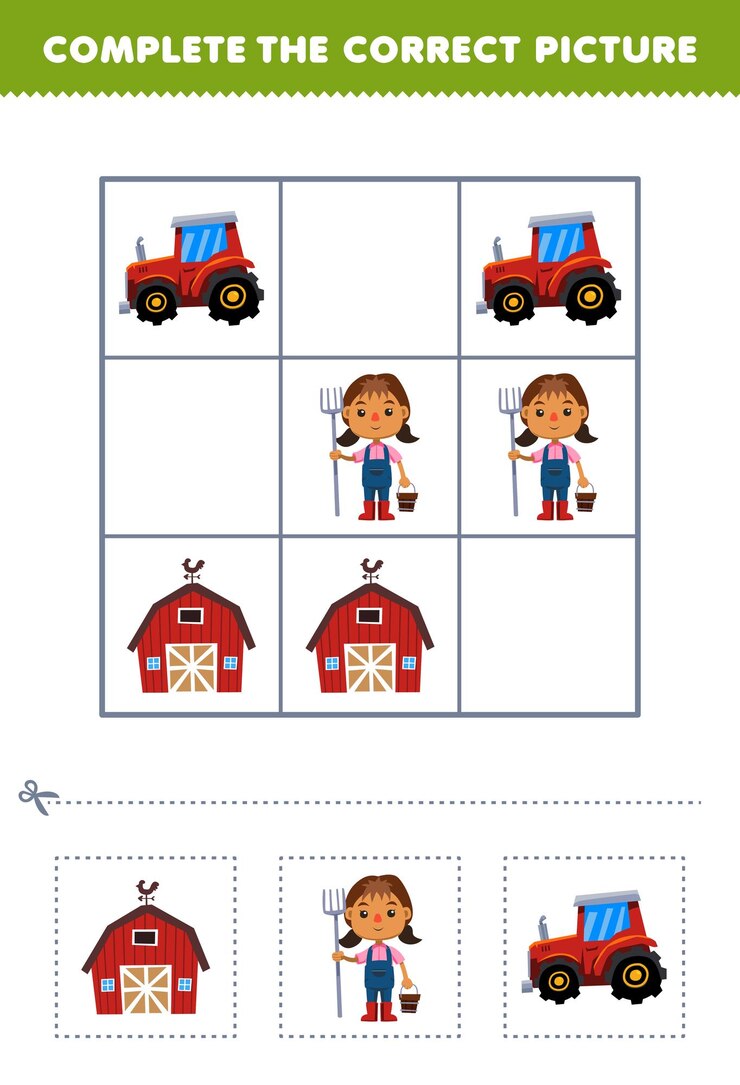 Vector juego educativo para niños que completa la imagen correcta de una linda hoja de trabajo de profesión imprimible de granero y tractor de dibujos animados