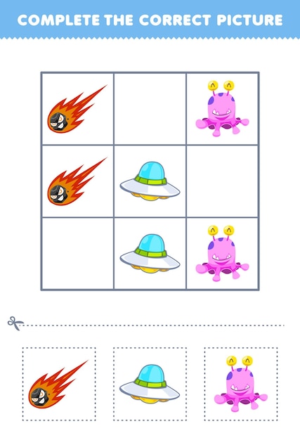 Juego educativo para niños que completa la imagen correcta de un lindo cometa de dibujos animados, ovni y una hoja de trabajo imprimible del sistema solar extraterrestre