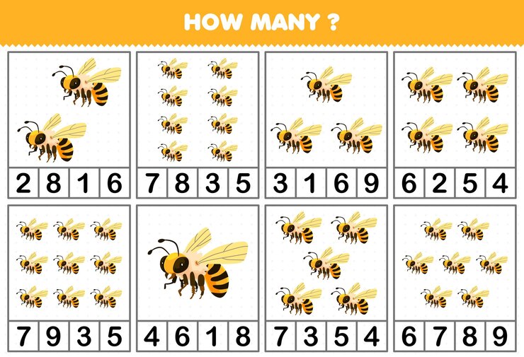 Vector juego educativo para niños que cuentan cuántas abejas de dibujos animados lindos hay en cada mesa hoja de trabajo de errores imprimible