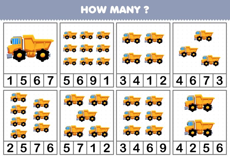 Vector juego educativo para niños que cuentan cuántos objetos hay en cada mesa de la hoja de trabajo imprimible del vehículo de transporte de la máquina pesada del camión volquete de dibujos animados