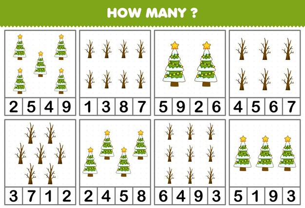 Juego educativo para niños que cuentan cuántos objetos hay en cada mesa de lindo árbol de navidad de dibujos animados y hoja de trabajo de invierno imprimible de rama