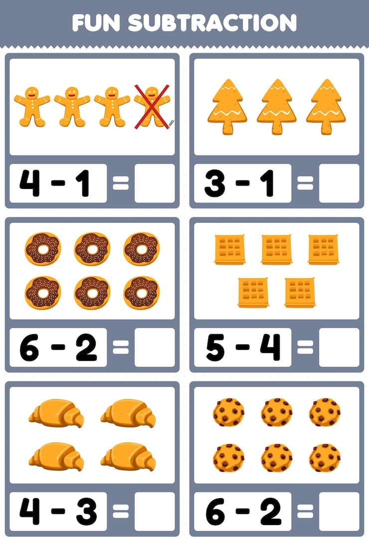 Vector juego educativo para niños, resta divertida contando y eliminando comida de dibujos animados, pan de jengibre, donut, waffle, croissant, galleta, hoja de trabajo.