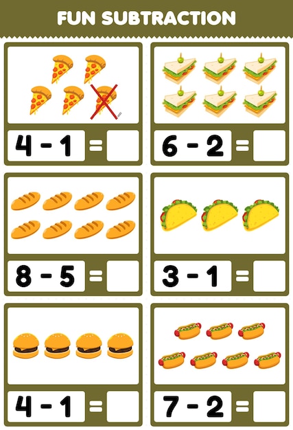 Juego educativo para niños, resta divertida contando y eliminando comida de dibujos animados, pizza, sándwich, pan, taco, hamburguesa, perrito caliente, hoja de trabajo.