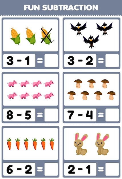 Juego educativo para niños, resta divertida contando y eliminando dibujos animados lindos maíz cuervo cerdo hongo zanahoria conejo hoja de trabajo de granja imprimible