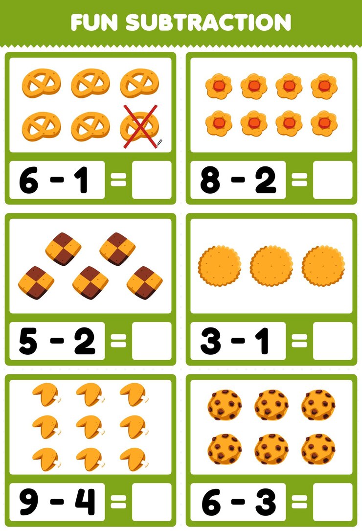 Vector juego educativo para niños, resta divertida contando y eliminando la hoja de trabajo de galletas de comida de dibujos animados