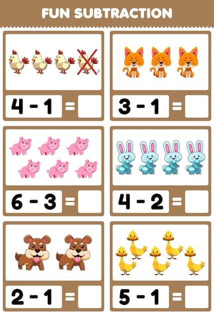 Juego educativo para niños, resta divertida contando y eliminando imágenes de animales de granja de dibujos animados lindos.