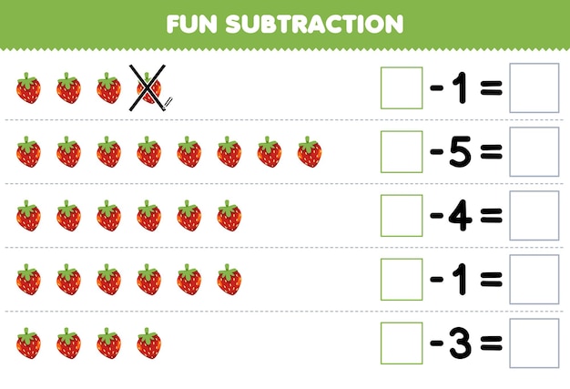 Juego educativo para niños, resta divertida contando fresas de dibujos animados en cada fila y eliminándola hoja de trabajo de frutas imprimible