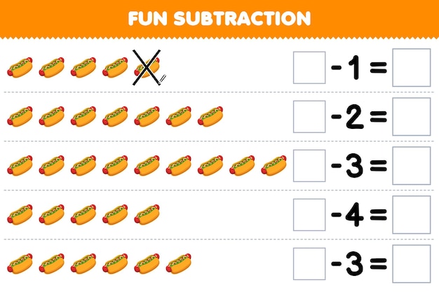Juego educativo para niños, resta divertida contando perritos calientes de dibujos animados en cada fila y eliminándolos hoja de trabajo de alimentos imprimible