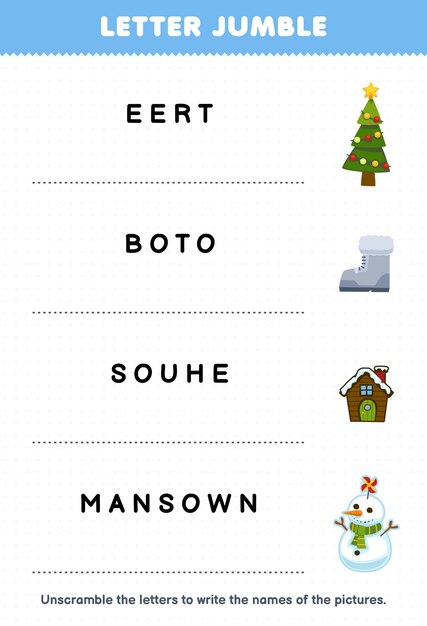 Juego educativo para niños, revoltijo de letras, escriba el nombre correcto para la hoja de trabajo de invierno imprimible del muñeco de nieve de la casa de botas del árbol de dibujos animados lindo