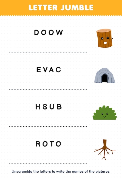 Juego educativo para niños, revoltijo de letras, escriba el nombre correcto para la hoja de trabajo de naturaleza imprimible de raíz de arbusto de cueva de tronco de madera de dibujos animados lindo