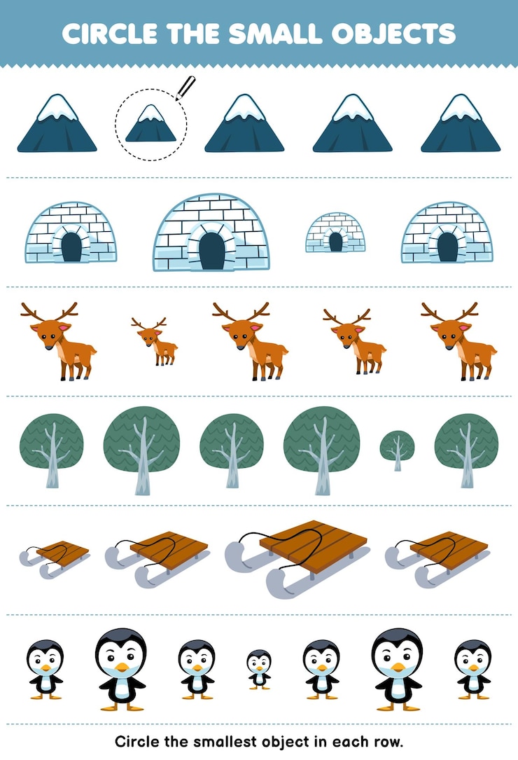 Vector el juego educativo para niños rodea el objeto más pequeño en cada fila de la hoja de trabajo de invierno imprimible del pingüino del trineo del árbol del ciervo del iglú de la montaña de dibujos animados lindo