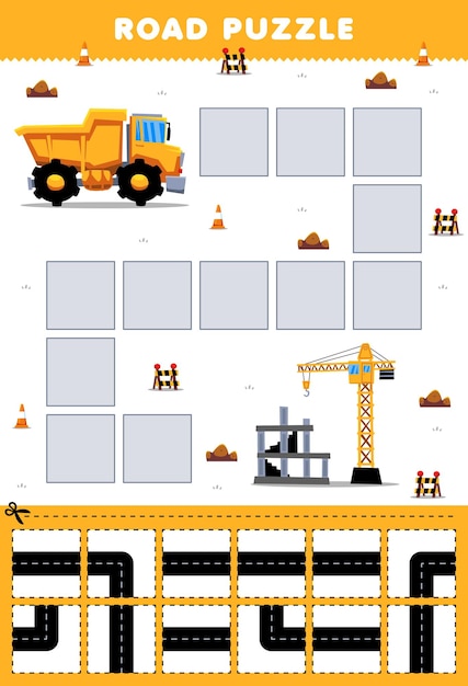 Vector juego educativo para niños rompecabezas de carretera ayuda a mover el camión volquete al sitio de construcción hoja de trabajo de transporte imprimible