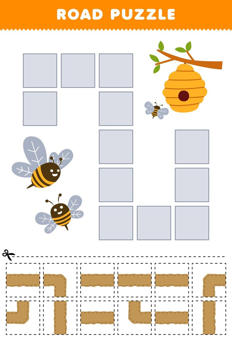 Vector juego educativo para niños, rompecabezas de carreteras, ayuda a la abeja a moverse a la colmena, hoja de trabajo imprimible de la granja