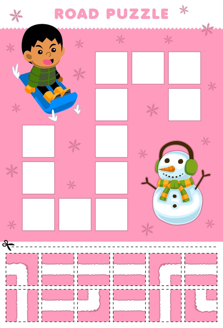 Vector juego educativo para niños rompecabezas de carreteras ayuda al niño a jugar con el trineo muévete al muñeco de nieve hoja de trabajo imprimible de invierno