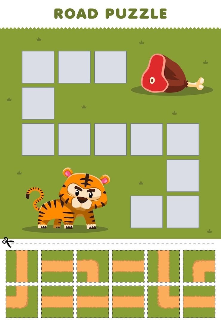 Vector juego educativo para niños, rompecabezas de carreteras, ayuda al tigre a pasar a la hoja de trabajo de animales imprimible de carne de res