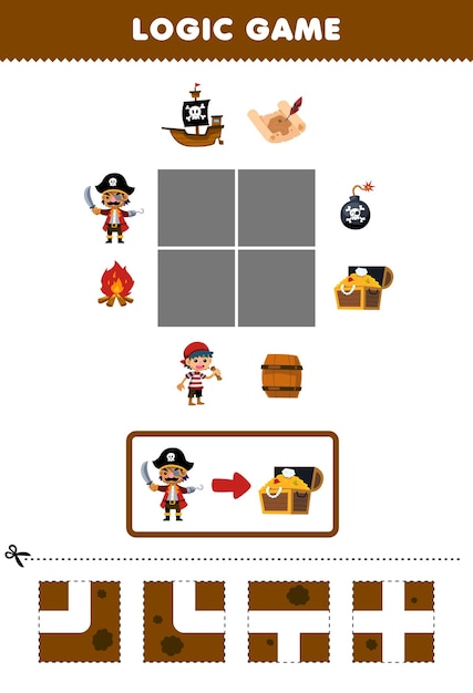 Juego educativo para niños rompecabezas de lógica construye el camino para que el capitán se mueva al cofre del tesoro hoja de trabajo pirata imprimible