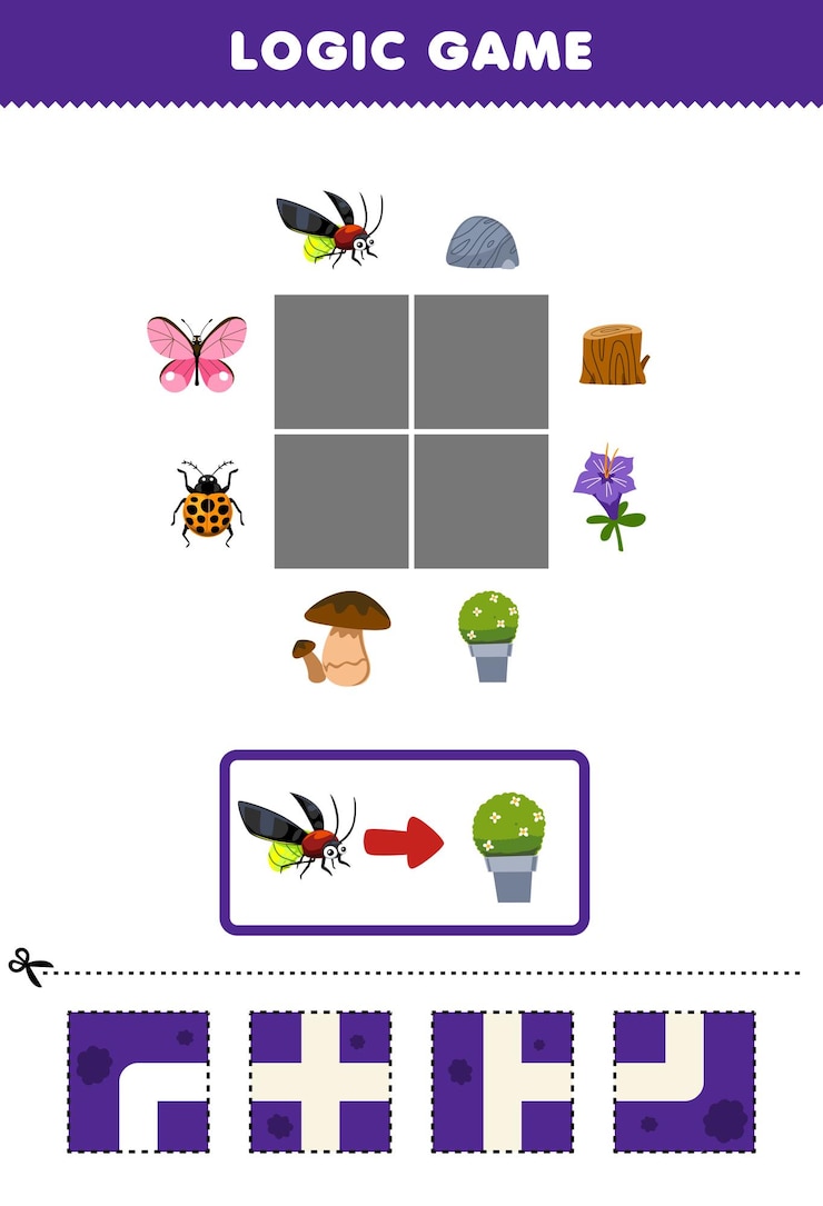 Vector juego educativo para niños, rompecabezas de lógica, construye el camino para que la luciérnaga se mueva a la hoja de trabajo de error imprimible de la maceta