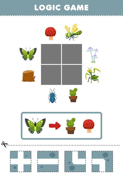 Juego educativo para niños, rompecabezas de lógica, construye el camino para que la mariposa se mueva a la maceta de cactus y la hoja de trabajo imprimible de errores de hongos