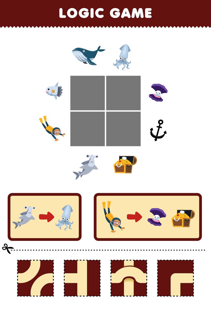 Vector juego educativo para niños. rompecabezas lógicos. construya el camino para que el tiburón martillo y el buzo se muevan hacia el cofre del tesoro de calamares y conchas. hoja de trabajo subacuática imprimible