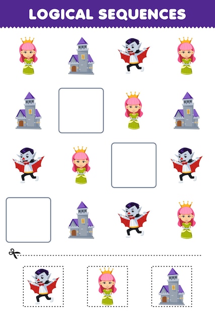 Juego educativo para niños secuencias lógicas para niños con dibujos animados lindo castillo reina dracula disfraz imagen halloween hoja de trabajo imprimible