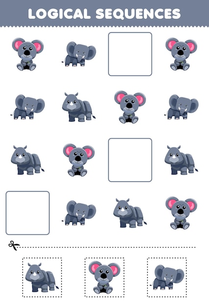 Juego educativo para niños secuencias lógicas para niños con dibujos animados lindo koala elefante rinoceronte imagen imprimible hoja de trabajo de animales grises