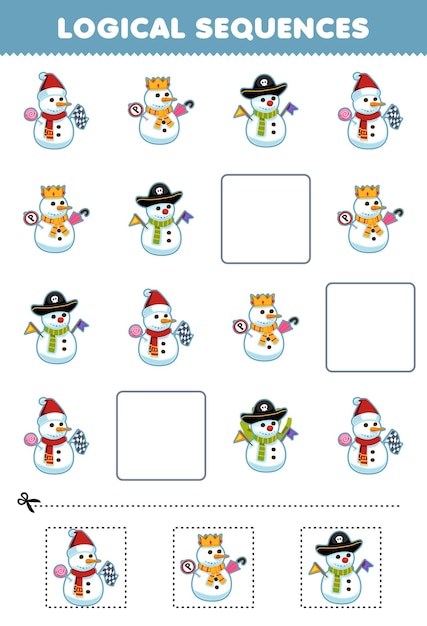 Juego educativo para niños secuencias lógicas para niños con dibujos animados lindo muñeco de nieve hoja de trabajo imprimible de invierno