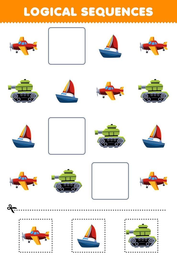 Vector juego educativo para niños, secuencias lógicas para niños con dibujos animados lindos, avión, velero, tanque, hoja de trabajo imprimible de transporte.