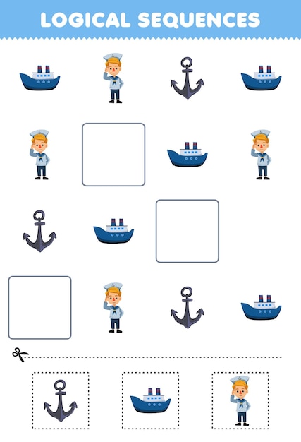 Juego educativo para niños, secuencias lógicas para niños con dibujos animados lindos, marinero, barco, ancla, hoja de trabajo imprimible de profesión.