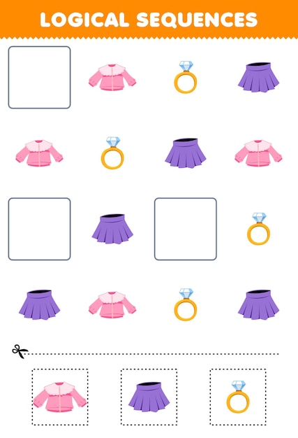 Juego educativo para niños secuencias lógicas para niños con linda blusa de dibujos animados falda de anillo imprimible hoja de trabajo de ropa portátil