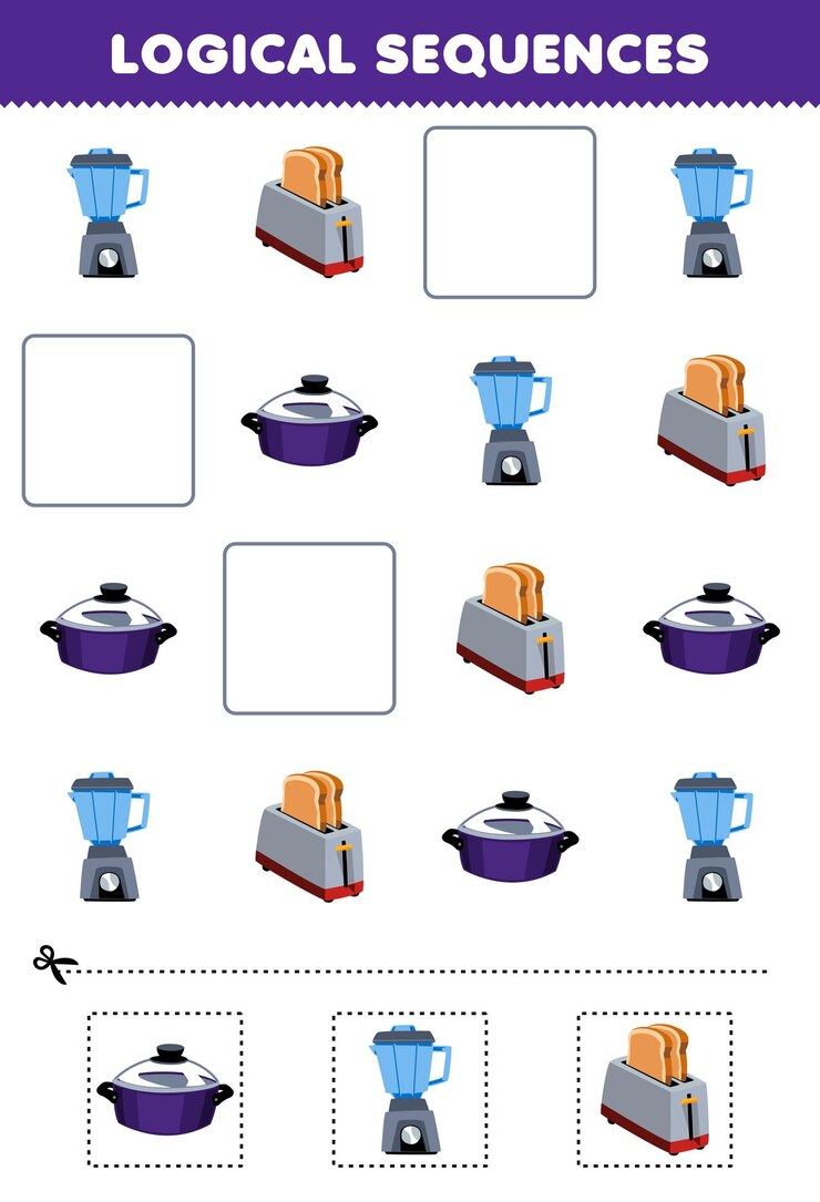 Vector juego educativo para niños secuencias lógicas para niños con una linda hoja de trabajo de herramienta imprimible de licuadora de dibujos animados