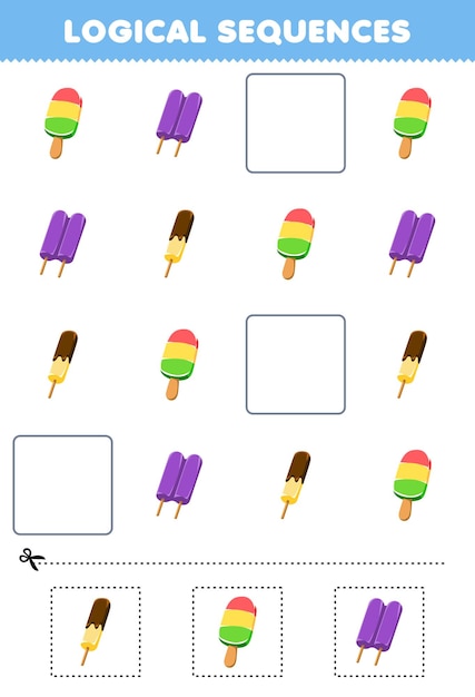 Juego educativo para niños, secuencias lógicas para niños con linda hoja de trabajo imprimible de comida de paletas de dibujos animados