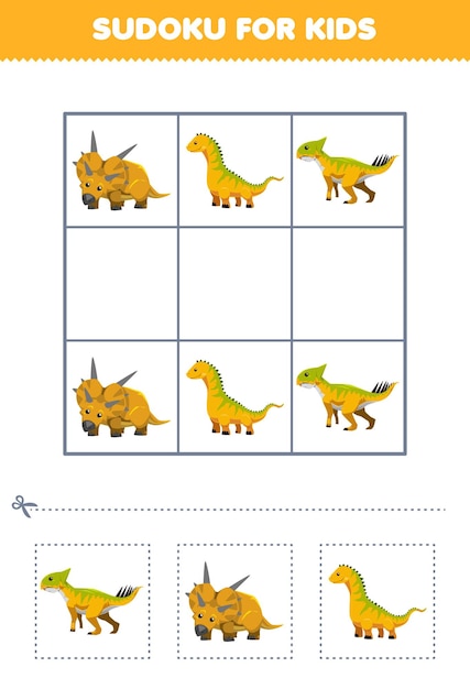 Juego educativo para niños Sudoku fácil para niños con una linda hoja de trabajo de dinosaurio prehistórico imprimible de dinosaurio amarillo de dibujos animados